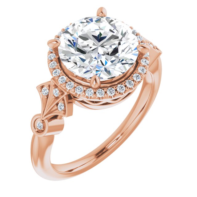 10K Rose Gold Customizable Cathedral-Crown Round Cut Design with Halo and Scalloped Side Stones
