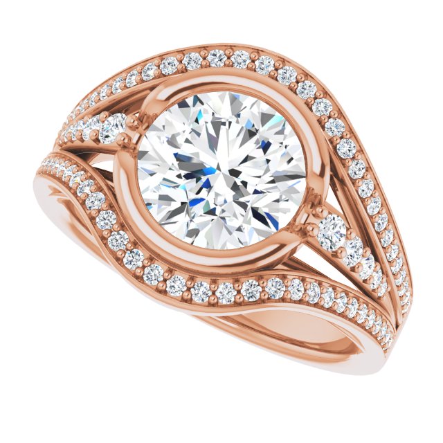 Cubic Zirconia Engagement Ring- The Paola (Customizable Cathedral-Bezel Round Cut Design with Wide Triple-Split-Pavé Band)