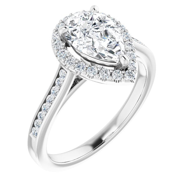 10K White Gold Customizable Pear Cut Design with Halo, Round Channel Band and Floating Peekaboo Accents