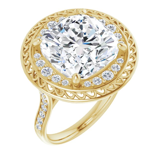 10K Yellow Gold Customizable Cathedral-style Cushion Cut featuring Cluster Accented Filigree Setting & Shared Prong Band
