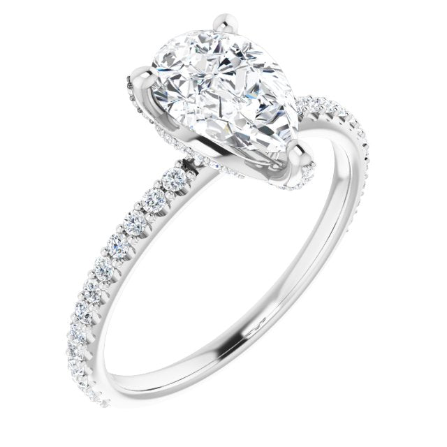 10K White Gold Customizable Pear Cut Design with Round-Accented Band, Micropav? Under-Halo and Decorative Prong Accents)