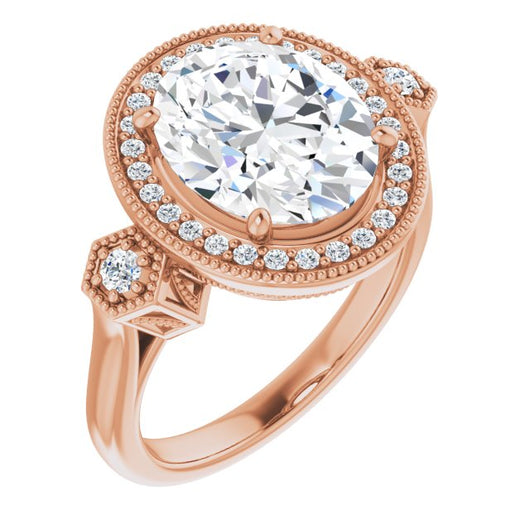 10K Rose Gold Customizable Cathedral Oval Cut Design with Halo and Delicate Milgrain