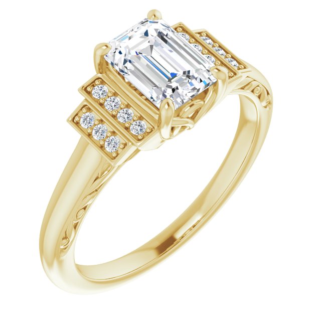 10K Yellow Gold Customizable Engraved Design with Emerald/Radiant Cut Center and Perpendicular Band Accents