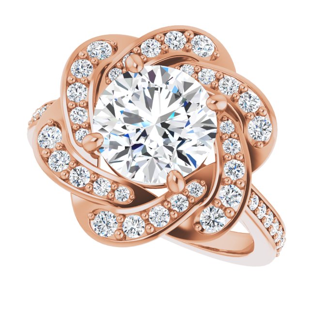 Cubic Zirconia Engagement Ring- The Lana (Customizable Cathedral-raised Round Cut Design with Floral/Knot Halo and Thin Accented Band)