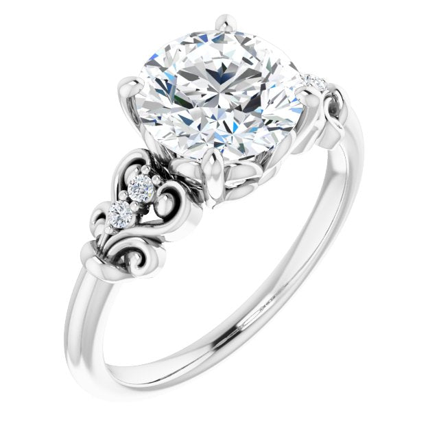 Cubic Zirconia Engagement Ring- The Amice (Customizable Vintage 5-stone Design with Round Cut Center and Artistic Band Décor)