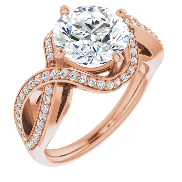 18K Rose Gold Customizable Round Cut Design with Twisting, Infinity-Shared Prong Split Band and Bypass Semi-Halo