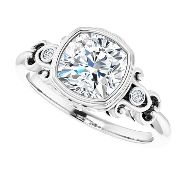 Cubic Zirconia Engagement Ring- The Viridiana (Customizable 5-stone Design with Cushion Cut Center and Quad Round-Bezel Accents)
