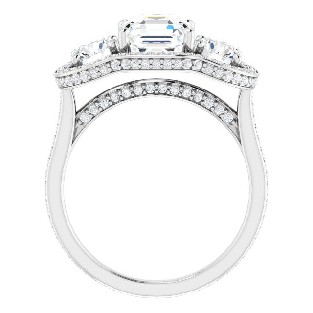 Cubic Zirconia Engagement Ring- The Iekika (Customizable 3-stone Asscher Cut Design with Multi-Halo Enhancement and 150+-stone Pavé Band)