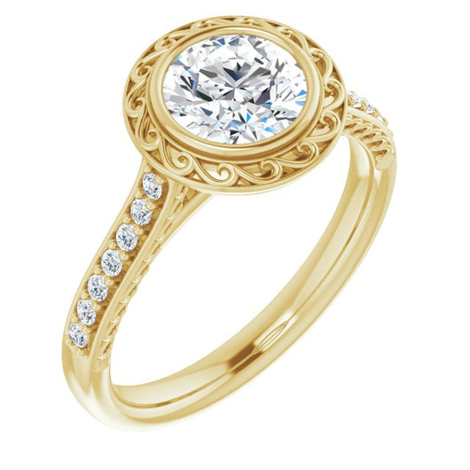 10K Yellow Gold Customizable Cathedral-Bezel Round Cut Design featuring Accented Band with Filigree Inlay