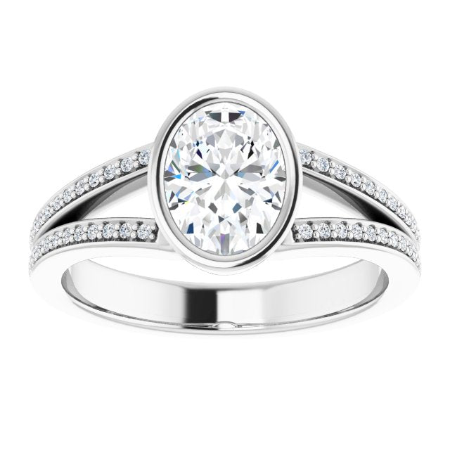 Cubic Zirconia Engagement Ring- The Jenni Lou (Customizable Bezel-set Oval Cut Design with Split Shared Prong Band)