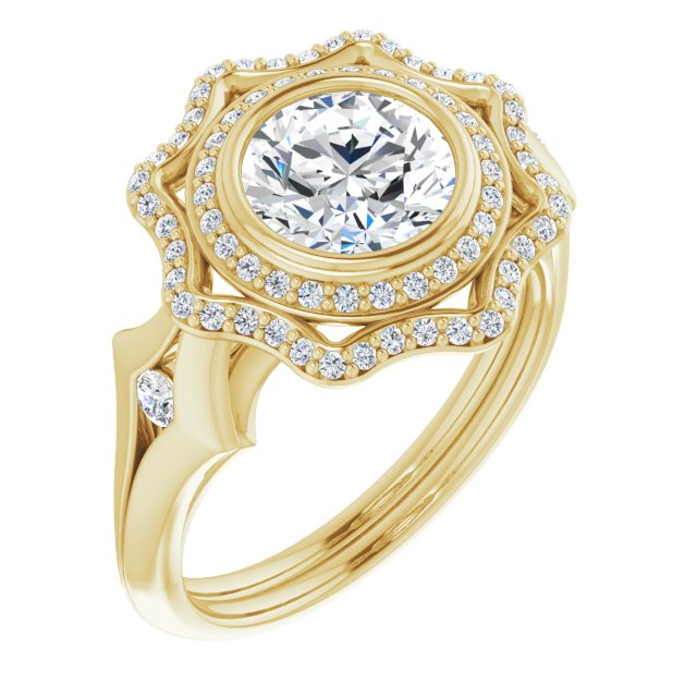 10K Yellow Gold Customizable Cathedral-bezel Round Cut Design with Floral Double Halo and Channel-Accented Split Band