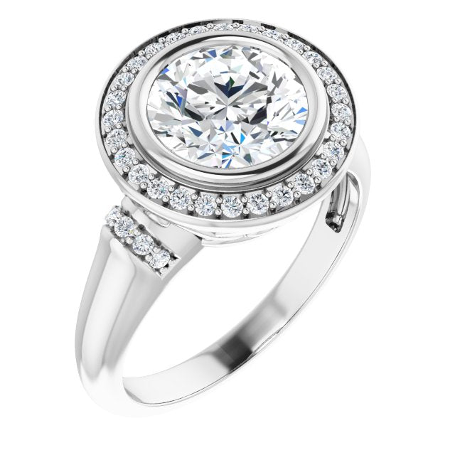 Cubic Zirconia Engagement Ring- The Vilde (Customizable Bezel-set Round Cut Design with Halo and Vertical Round Channel Accents)