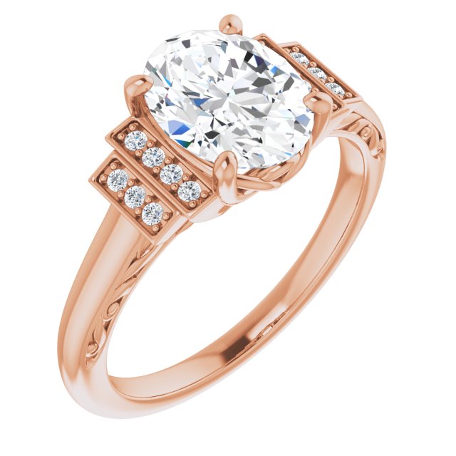 10K Rose Gold Customizable Engraved Design with Oval Cut Center and Perpendicular Band Accents