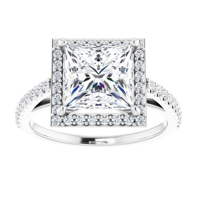 Cubic Zirconia Engagement Ring- The Catherine Lea (Customizable Princess/Square Cut Design with Halo and Thin Pavé Band)