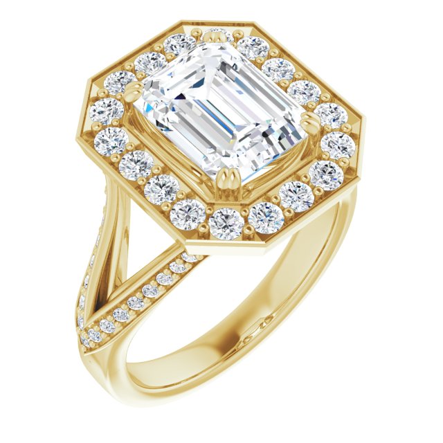 10K Yellow Gold Customizable Emerald/Radiant Cut Center with Large-Accented Halo and Split Shared Prong Band