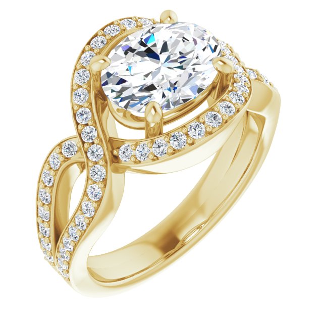 10K Yellow Gold Customizable Oval Cut Center with Infinity-inspired Split Shared Prong Band and Bypass Halo