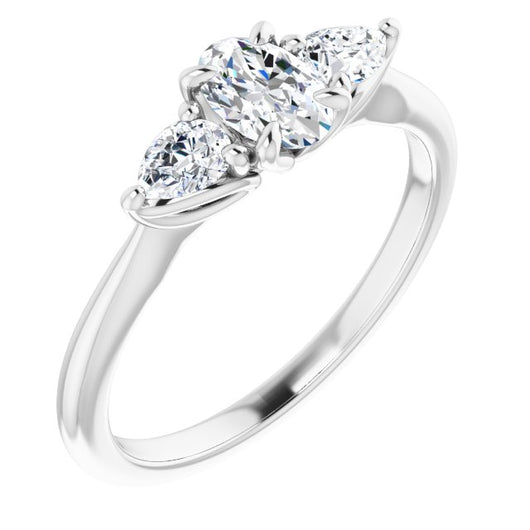 10K White Gold Customizable 3-stone Design with Oval Cut Center and Dual Large Pear Side Stones