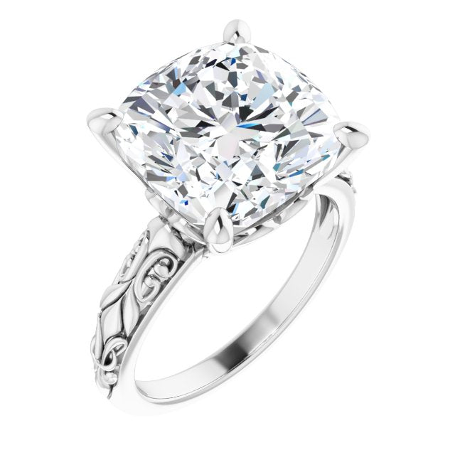 10K White Gold Customizable Cushion Cut Solitaire featuring Delicate Metal Scrollwork
