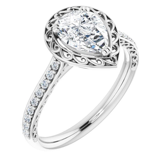 10K White Gold Customizable Pear Cut Halo Design with Filigree and Accented Band