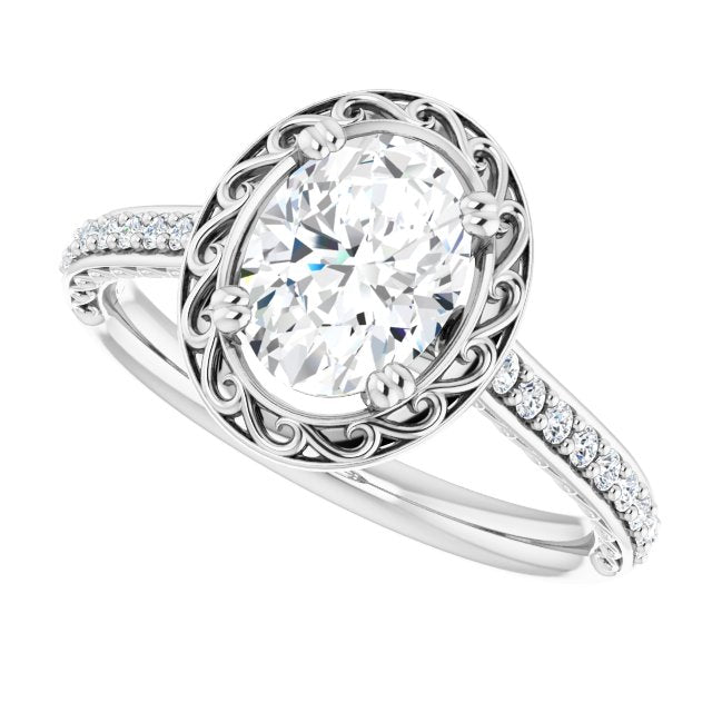 Cubic Zirconia Engagement Ring- The Montserrat  (Customizable Oval Cut Halo Design with Filigree and Accented Band)