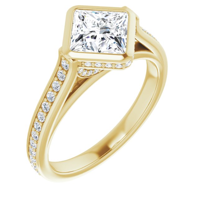 10K Yellow Gold Customizable Cathedral-Bezel Princess/Square Cut Design with Under Halo and Shared Prong Band