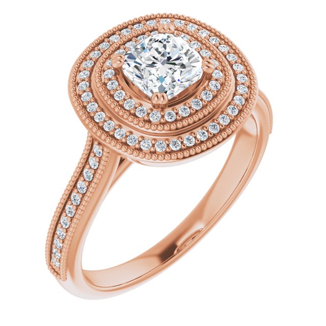 10K Rose Gold Customizable Cushion Cut Design with Elegant Double Halo, Houndstooth Milgrain and Band-Channel Accents