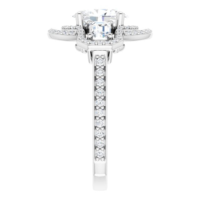 Cubic Zirconia Engagement Ring- The Fallon (Customizable Enhanced 3-stone Style with Oval Cut Center, Emerald Cut Accents, Double Halo and Thin Shared Prong Band)