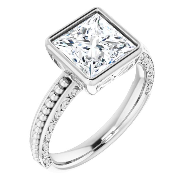 Cubic Zirconia Engagement Ring- The Cheyenne (Customizable Bezel-set Princess/Square Cut Solitaire with Beaded and Carved Three-sided Band)