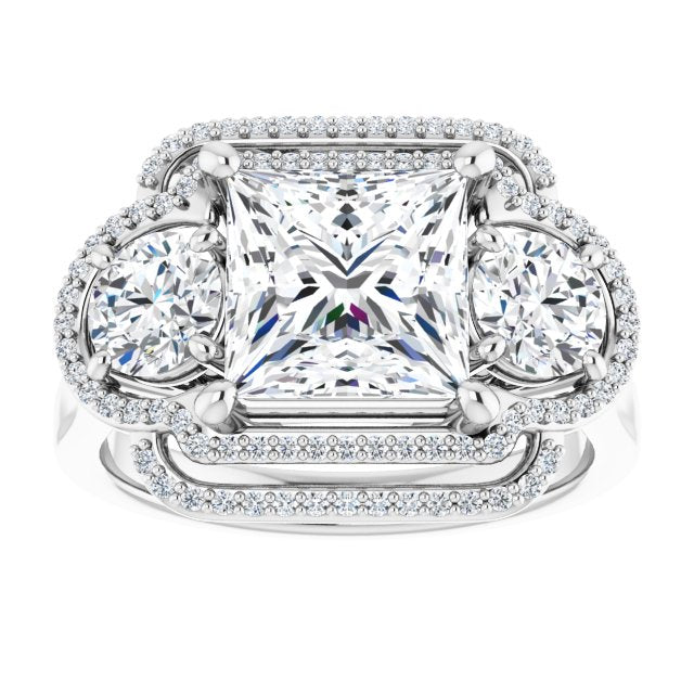 Cubic Zirconia Engagement Ring- The Fritzie (Customizable Cathedral-set Enhanced 3-stone Princess/Square Cut Design with Multidirectional Halo)
