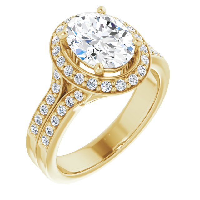 10K Yellow Gold Customizable Oval Cut Halo Style with Accented Split-Band