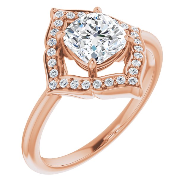 10K Rose Gold Customizable Cushion Cut Style with Artistic Equilateral Halo and Ultra-thin Band