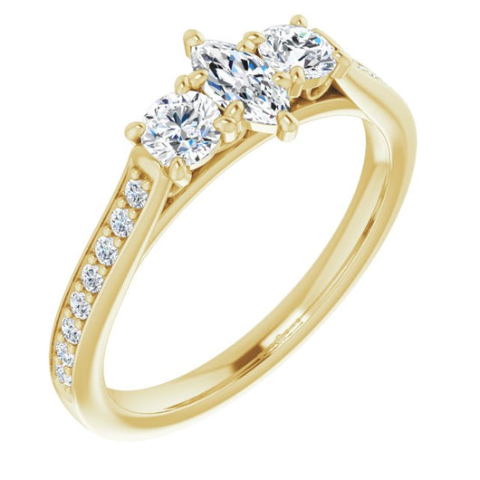 10K Yellow Gold Customizable Marquise Cut Cathedral Setting with Filigree Design and Shared Prong Band
