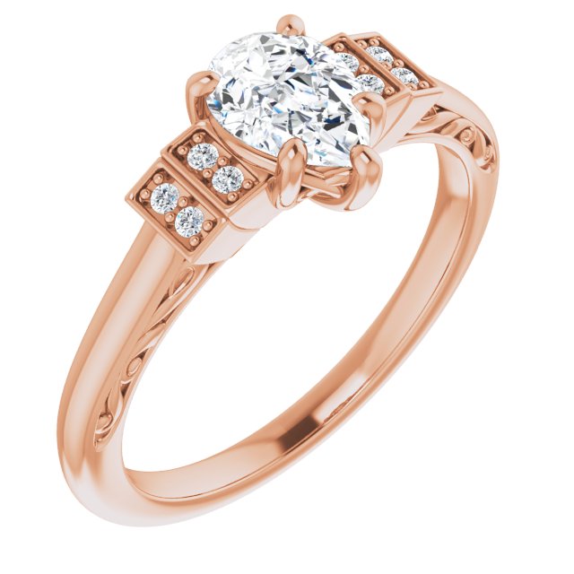 10K Rose Gold Customizable Engraved Design with Pear Cut Center and Perpendicular Band Accents
