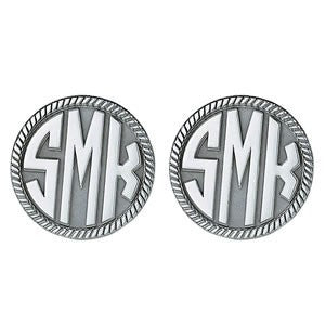 Men's Cufflinks- Customizable Monogram, Circle Style with Angular Carved Relief Letters and Milgrained Edges