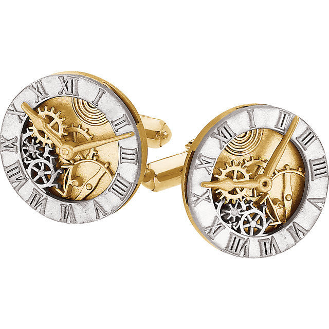 Men’s Cufflinks- 14K Gold Two-Tone Clock Design with Over-sized Setting