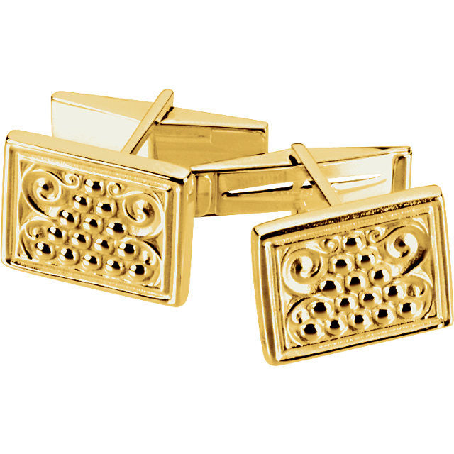 Men’s Cufflinks- Yellow Gold Rugged Style Rectangular Design with Hand-Engraving