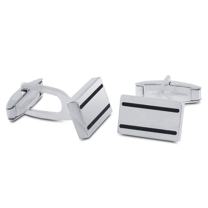 Men’s Cufflinks- Sterling Silver Rectangle with Black Resin Inlay Details