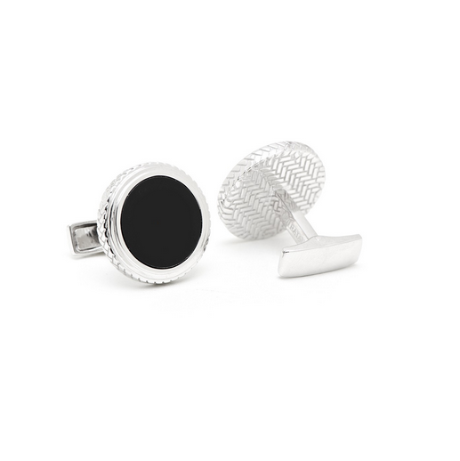 Men’s Cufflinks- Sterling Silver Round Opus Style Set with Genuine Onyx