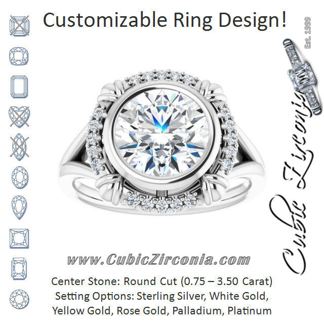 Cubic Zirconia Engagement Ring- The Leontine (Customizable Round Cut Design with Split Band and "Lion's Mane" Halo)