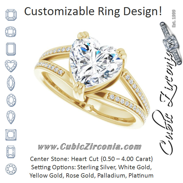 Cubic Zirconia Engagement Ring- The Carlotta (Customizable Heart Cut Center with 100-stone* "Waterfall" Pavé Split Band)