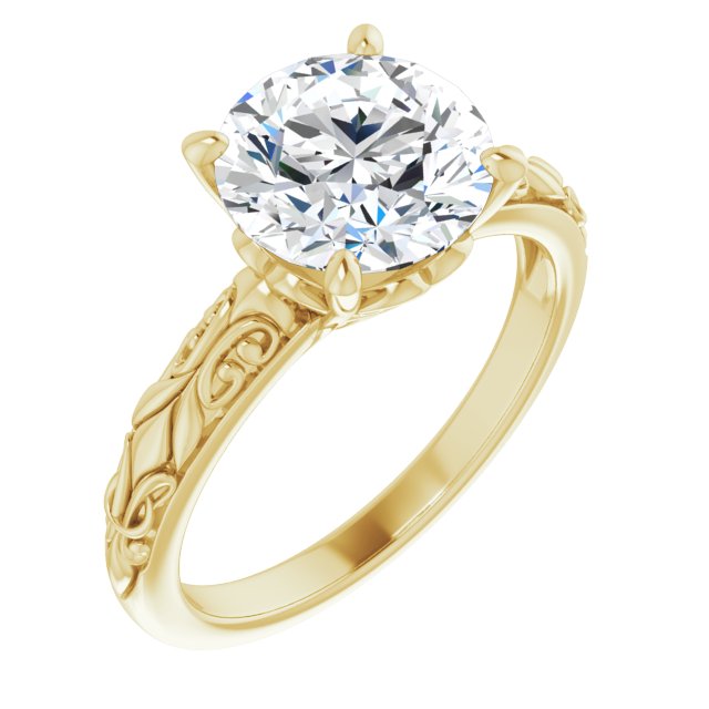 14K Yellow Gold Customizable Round Cut Solitaire featuring Delicate Metal Scrollwork