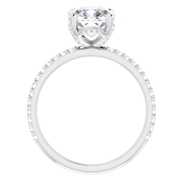 Cubic Zirconia Engagement Ring- The Maleny (Customizable Cushion Cut Design with Round-Accented Band, Micropavé Under-Halo and Decorative Prong Accents))