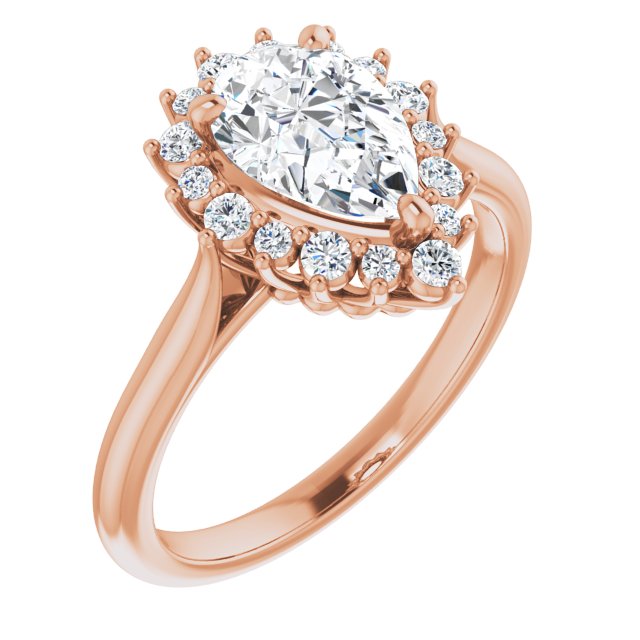 10K Rose Gold Customizable Crown-Cathedral Pear Cut Design with Clustered Large-Accent Halo & Ultra-thin Band