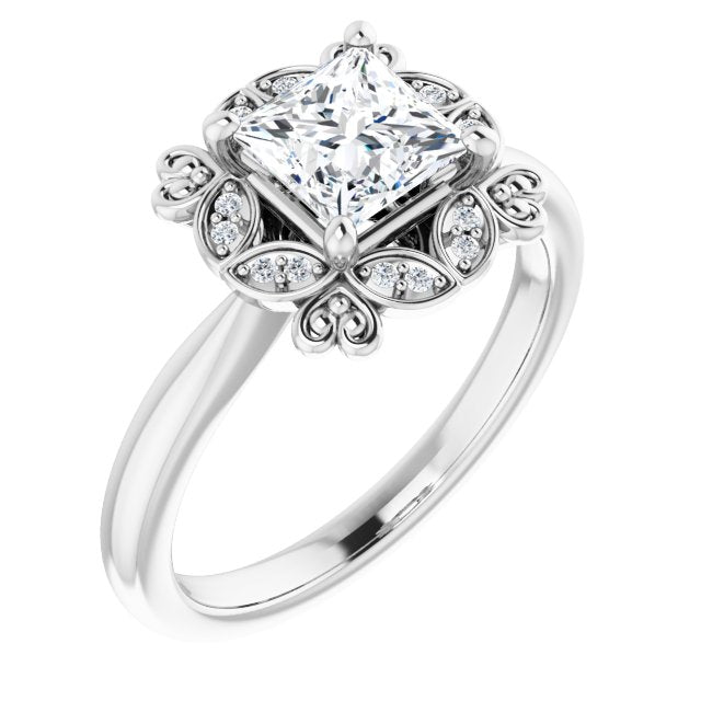 10K White Gold Customizable Princess/Square Cut Design with Floral Segmented Halo & Sculptural Basket