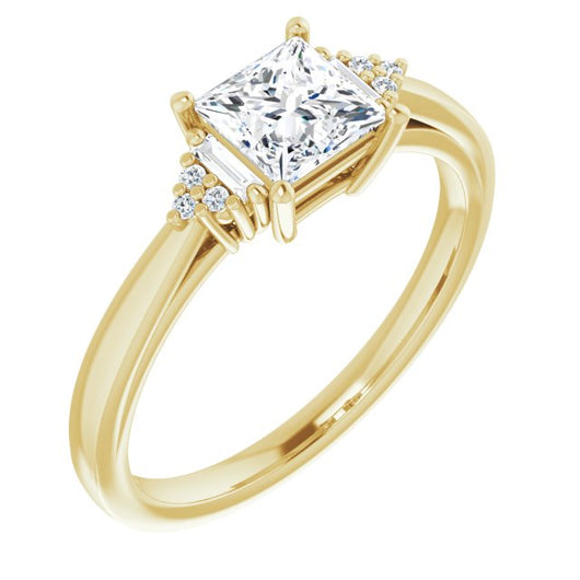 10K Yellow Gold Customizable 9-stone Design with Princess/Square Cut Center, Side Baguettes and Tri-Cluster Round Accents