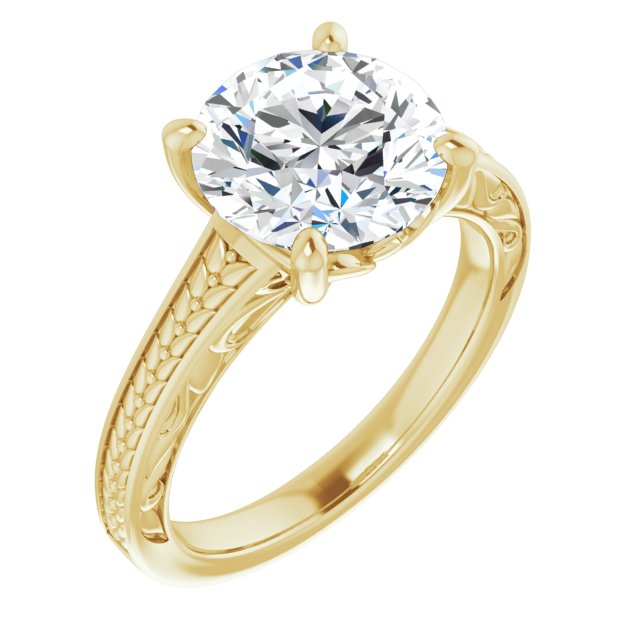 10K Yellow Gold Customizable Round Cut Solitaire with Organic Textured Band and Decorative Prong Basket
