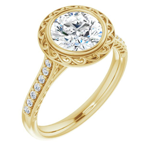 10K Yellow Gold Customizable Cathedral-Bezel Round Cut Design featuring Accented Band with Filigree Inlay