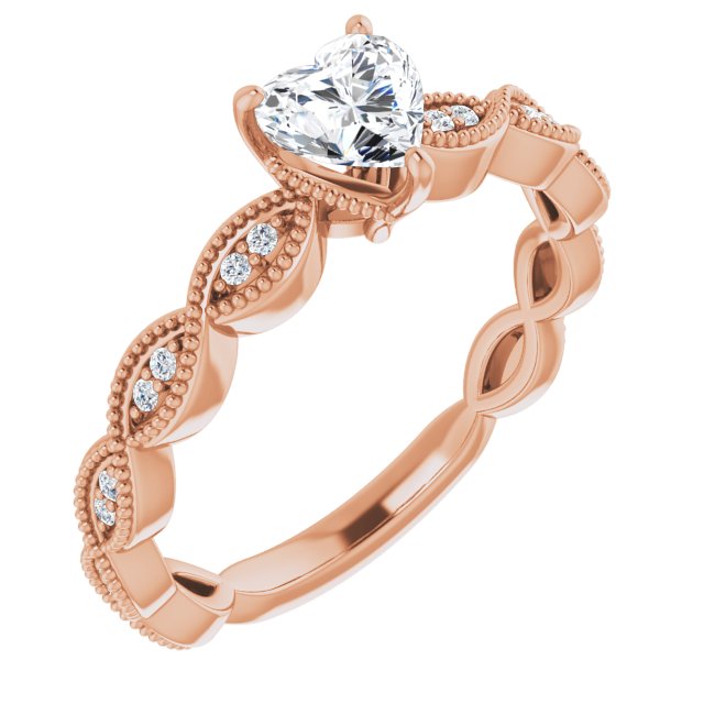 10K Rose Gold Customizable Heart Cut Artisan Design with Scalloped, Round-Accented Band and Milgrain Detail