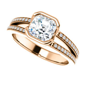 Cubic Zirconia Engagement Ring- The Monami (Customizable Bezel Asscher Cut with Split-pavé Band Accents & Euro Shank)