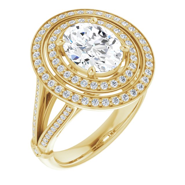 10K Yellow Gold Customizable Cathedral-set Oval Cut Design with Double Halo, Wide Split-Shared Prong Band and Side Knuckle Accents